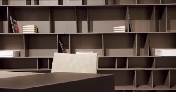 Minimalist brown shelf. Minimalist bookshelf. Modern Furniture and cozy design. — Wideo stockowe