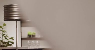 Modern Beige lamp inside. Gray minimalist circular floor lamp.