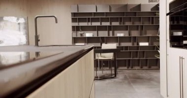 Modern Kitchen room with minimalist dining table. Modern Minimalist Home.