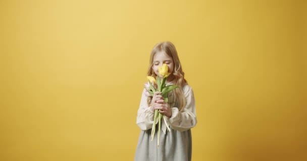 Красива дівчина тримає в руці квіти тюльпанів, вона посміхається на жовтому тлі — стокове відео