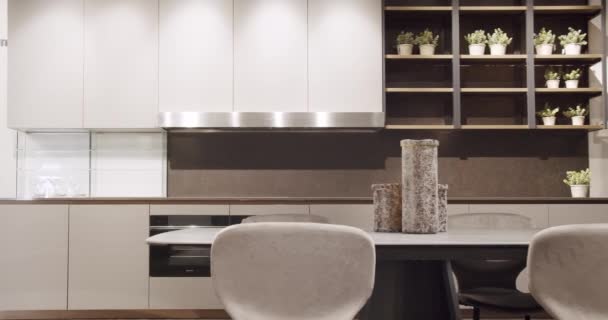 Lederen moderne grijze stoel in keuken en eettafel Modern Eetkamer — Stockvideo