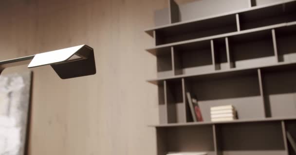 Modern Lamp and Shelves with home stuff. minimalist furniture. Minimalist shelf — Vídeo de Stock