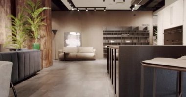 Minimalist yemek masası olan modern mutfak odası. Modern Minimalist Ev.