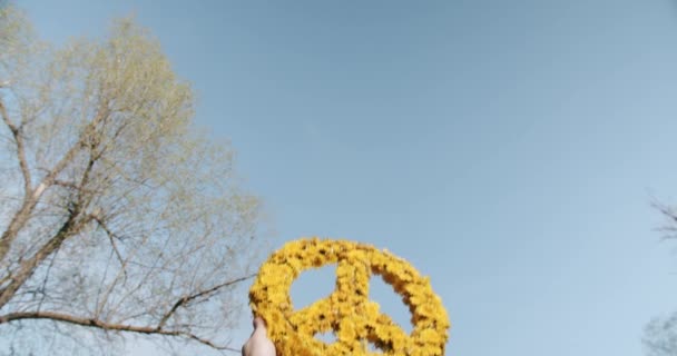 Ένας άντρας κρατά στα χέρια του ένα μεγάλο σύμβολο ειρήνης φτιαγμένο από κίτρινα λουλούδια στον γαλάζιο ουρανό — Αρχείο Βίντεο
