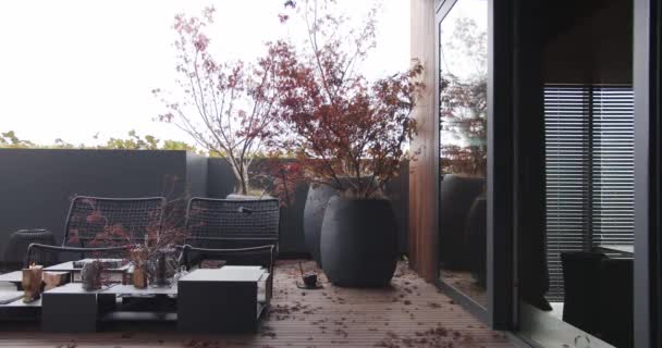 Minimalistisch zwart appartement met terras in stijl, Japanse bomen en houten vloer — Stockvideo