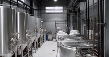 Bira demlemek için paslanmaz çelik tanklar. Bira fabrikasında büyük paslanmaz fıçılar..