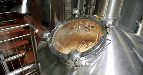 Huge steel tanks for beer brewing Beer making in craft brewery. — Stok Video