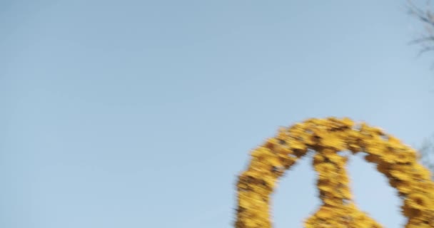 Ein Mann hält ein großes Friedenssymbol aus gelben Blumen am blauen Himmel in der Hand — Stockvideo