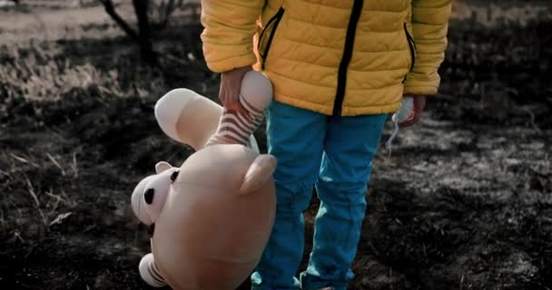 Kid in Ukrainian national colors, Sad refugee litle girl pose with a toy bear. — Stok video