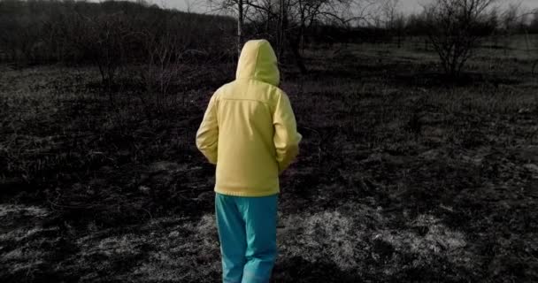 Renkli Ukrayna elbiseli genç kız yanan bir tarlada yürüyor, Ukrayna 'da savaş var. — Stok video