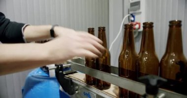 Şişeleri koyan ve bira fabrikasının otomatik hattına koyan işçinin elleri. Bira fabrikası konsepti. Bir fabrikada modern teknoloji. Fabrika, bira konsepti.