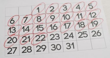 Erkekler 21,22,23,24,24,25,26,27,28,29,30 günü kağıt takvimine kırmızı kalemle yazıyorlar. Takvimde çok önemli bir tarih. Takvimde bir gün imzalıyorum. Ayın kesilme tarihinin takvimi.