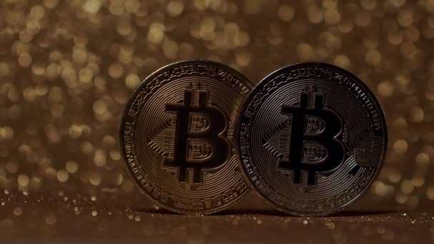 Bitcoin Btc Mynt Virtuell Valuta Närbild Bitcoin Kryptovaluta Rörelse Skott — Stockvideo