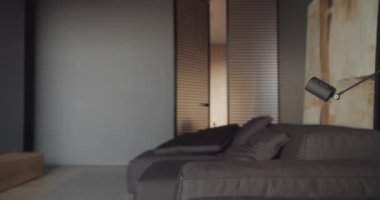 Gerçek çağdaş minimalist iç tasarım, siyah, gri tonlu oturma odası, İtalyan siyah mobilyaları ve büyük tabloları, dekor, kitaplar, modern lamba.