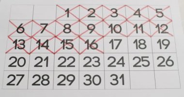 Erkekler el yazısıyla 16,17,18,19,19,20. günü kağıt takvimine kırmızı kalemle yazıyorlar. Takvimde çok önemli bir tarih. Takvimde bir gün imzalıyorum. Ayın kesilme tarihinin takvimi.