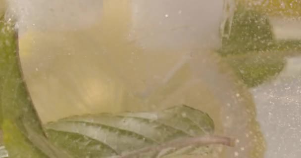 Slow Motion Macro Shot Lemon Slice Water Bubbles Soft Drink — Stock Video