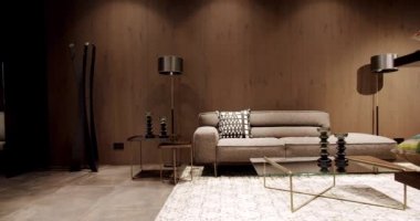 Yastıklı tekstil döşeme kanepesi. Modern apartman güzel bej kanepe modern oturma odasında lamba, halı, masa. İskandinav iç mimarisi ahşap duvarlı Modern gri ve bej kumaşlı kanepe.