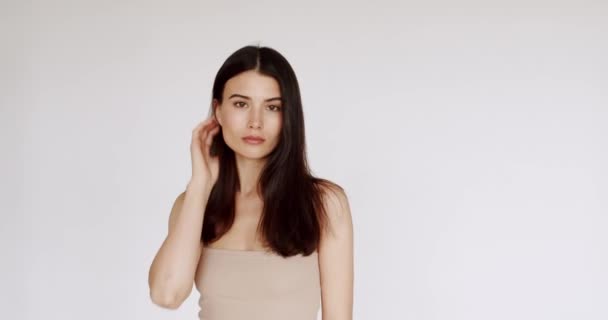 Fashion Model Looks Camera Stunning Face Caucasian Girl Sexy Model — Stock Video