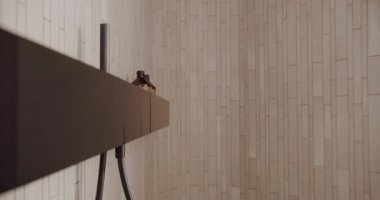 Lüks banyo iç mimarisi, banyo aksesuarları olan minimalist iç dekorasyon, beyaz renkli minimalist iç mimari, musluk ve duş jeli aksesuarları. Modern Musluk. İnsansız iç mekan