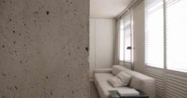Modern oturma odası. Lüks minimalist tasarım, beyaz ve gri tonlu gerçek daire, zarif sandalye ve lüks mobilyalar, beyaz halı ve siyah ses teknikleri, beton, minimalist tasarım
