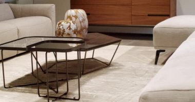 Modern masa örtüsü kanepe ve depolama mobilyalarıyla İskandinav iç mimarisi. Minimalist oturma odası. Yastıklı tekstil döşeme kanepesi..