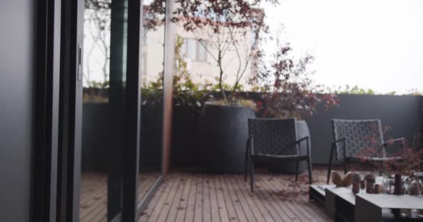 Apartamento Terraço Minimalista Com Árvores Japonesas Piso Madeira Apartamento Luxo — Vídeo de Stock