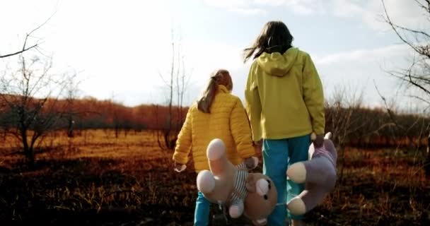 Ukrainian Girls Childs Holding Fluffy Bears Clothes Colors Ukrainian Flag — Stok video