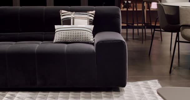 Modern Dark Gray Fabric Sofa Textile Upholstery Sofa Pillows Modern — Stock Video