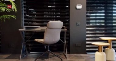 Deri sandalyesi ve modern masası olan güzellik merkezi. Rahat çalışma odasında minimalist deri koltuklu modern ahşap çalışma masası. Oda palmiyesi dekoru. Minimalist siyah panjurlar. Yatak odası aksesuarı