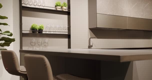 Lar Minimalista Moderno Mobiliário Moderno Sala Cozinha Cinza Branco Elegante — Vídeo de Stock