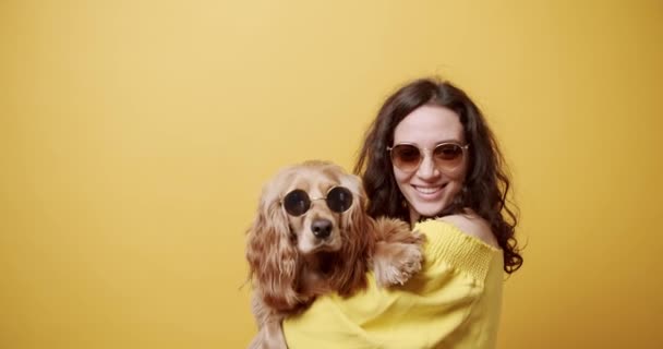 Mulher Feliz Divertir Com Cocker Spaniel Fêmea Cão Brincando Fundo — Vídeo de Stock