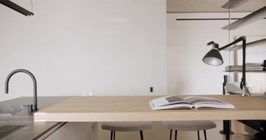 Minimalist bir dairede modern mutfak odası. Yemek alanı doğal ahşap. Kara Mutfak lavabosu ve musluğu var. Evin içi beyaz, gri renkler, beton ve konforlu ekipmanlar..