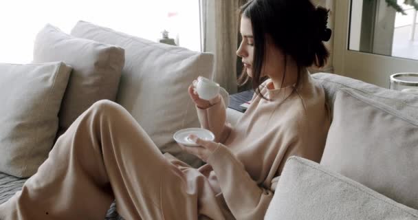 一位年轻漂亮的女士正在客厅里喝咖啡和茶 一位健康镇定的女士躺在舒适的沙发上 一个人在客厅里感觉到了压力 女人在家里的豪华沙发上休息 — 图库视频影像