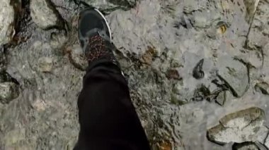 Man walking in water with waterproof hiking shoes, waterproof shoes. Male traveler hike with backpack trekking pine woodland, Adventurer in expedition. Freedom, zen concept.