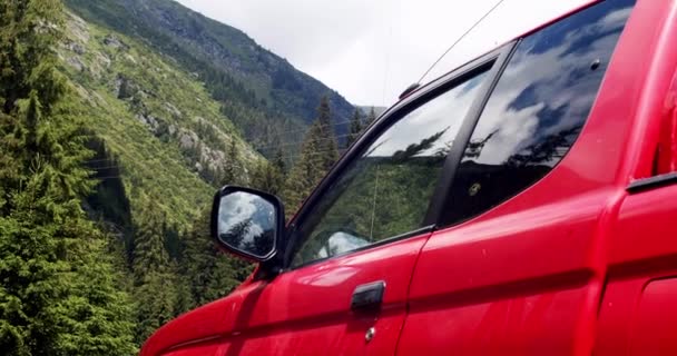 View Red Mountain Car Mirror Mountain Background Traveling Valley Concept — Vídeos de Stock