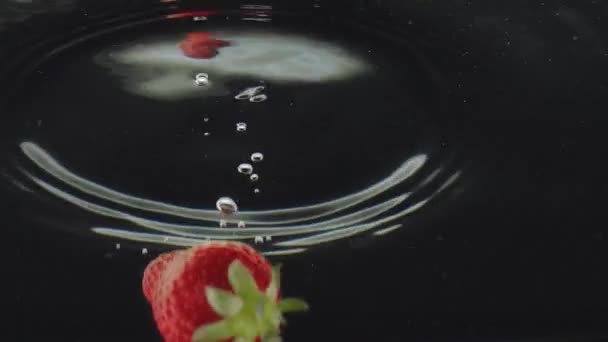 딸기는 동작으로 속으로 떨어졌습니다 딸기를 떨어뜨리는 속에서 딸기가 식품에 맛있는 — 비디오