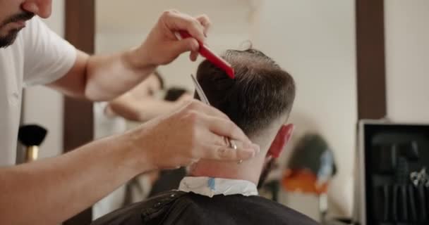 Taglio Capelli Moderno Negozio Barbiere Servizio Clienti Uomo Elegante Seduto — Video Stock