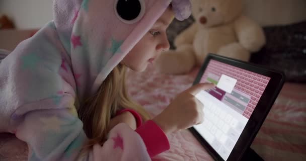 Year Old Girl Playing Childrens Room Unicorn Costume Using Digital — Video Stock