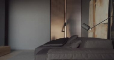 Gerçek çağdaş minimalist iç tasarım, siyah, gri tonlu oturma odası, İtalyan siyah mobilyaları ve büyük tabloları, dekor, kitaplar, modern lamba.