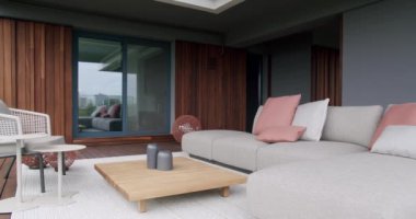 Modern real terrace, in luxury house with beautiful furniture and sliding door, Modern real apartment with sliding door, beautiful furniture. Minimalist modern black gray and white design interior.