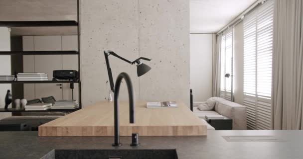 Modern Kitchen Room Minimalist Apartment Dining Area Natural Wood Black — Vídeo de Stock