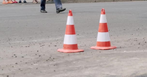 Road Maintenance Work Cone Static Closeup Roadworks Signs Street Roadworks — Stockvideo