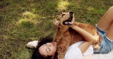 Woman playing with her dog. hugs, kiss and pose nicely. Human animal friendship. English cocker spaniel rests outdoors. young pretty animal. Happy woman hugs and have fun with cocker spaniel dog.