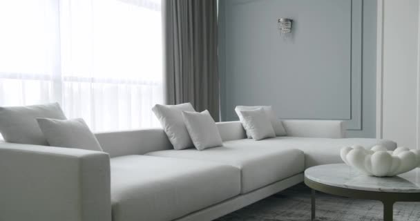 Modern Contemporary Minimalist Living Room White Gray Furniture Table Luxury — ストック動画