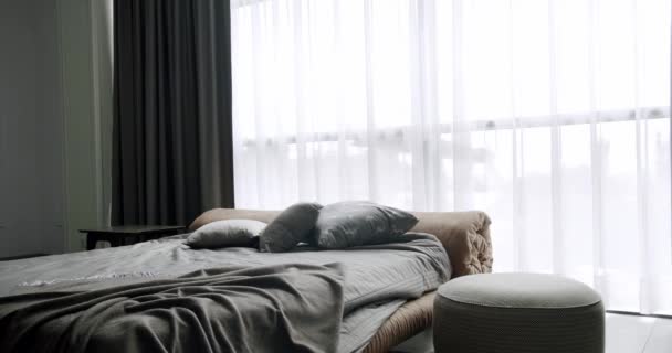 Minimalistic Scandinavian Style Interior Elegant Simple Bedroom King Sized Bed — Video