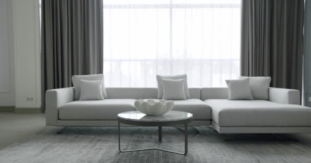 Modern Contemporary Minimalist Living Room White Gray Furniture Table Home — Stockvideo