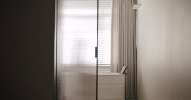 Luxury Bathroom Interior, minimalist interior in white colors with bathroom accessories , transparent door, round mirror in modern interior, bathtub modern design. Luxury cozy white Apartment.