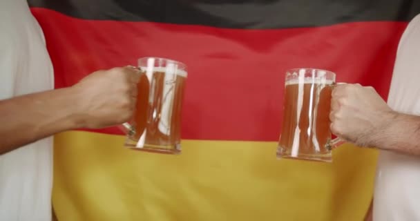 Young Peoples Hands Clash Glasses Full Beer Background Germany Soccer — Vídeo de stock