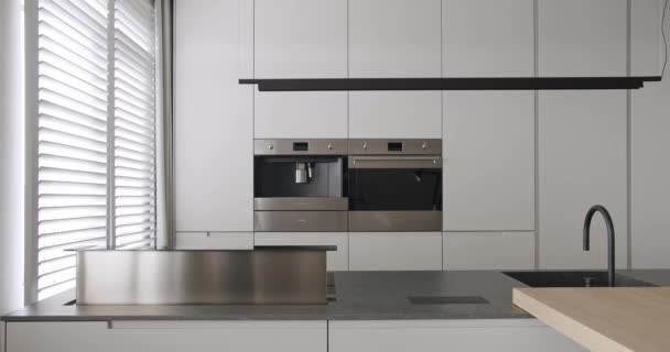 Moderne Keuken Kamer Minimalistisch Appartement Met Eethoek Van Natuurlijk Hout — Stockvideo