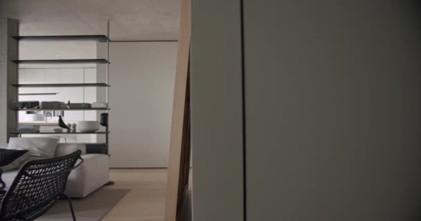 Moderne Woonkamer Luxe Minimalistisch Design Echt Appartement Met Witte Grijze — Stockvideo